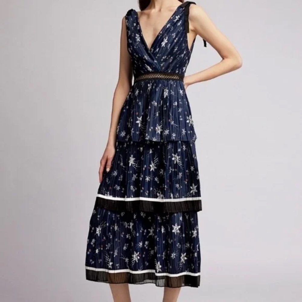 Self Portrait Women's Tiered Satin Printed Midi Dress Navy Floral